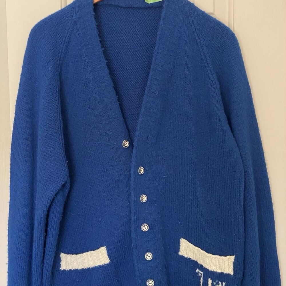 Vintage 60’s Bright Blue Hand Knit Cardigan Sweater Men’s Size M USA Monogram W - Picture 4 of 7